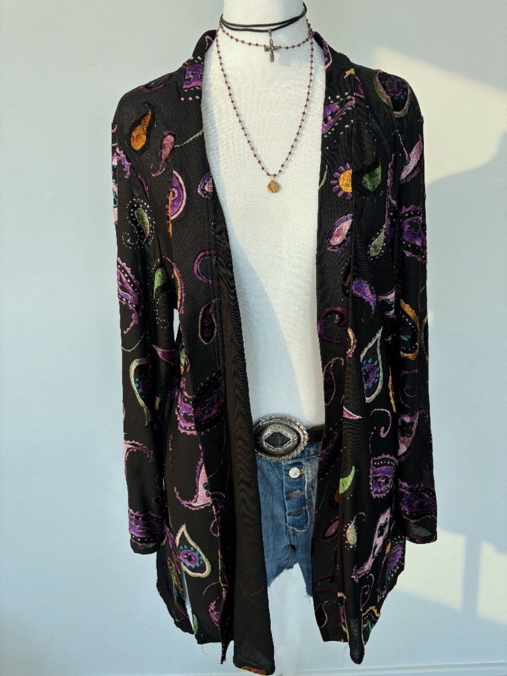 Vintage Fashque Sheer Paisley Duster Size M Black Purple Boho Layer